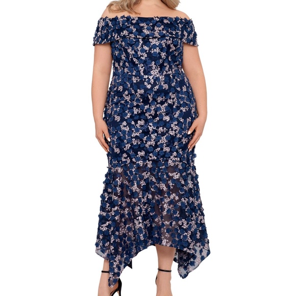 XSCAPE - Navy Floral Off Shoulder Handkerchief Hem Maxi Dres - Picture 1 of 16